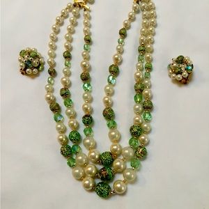 Vintage Necklace 18”with matching earrings;3 strands of green,white beads.